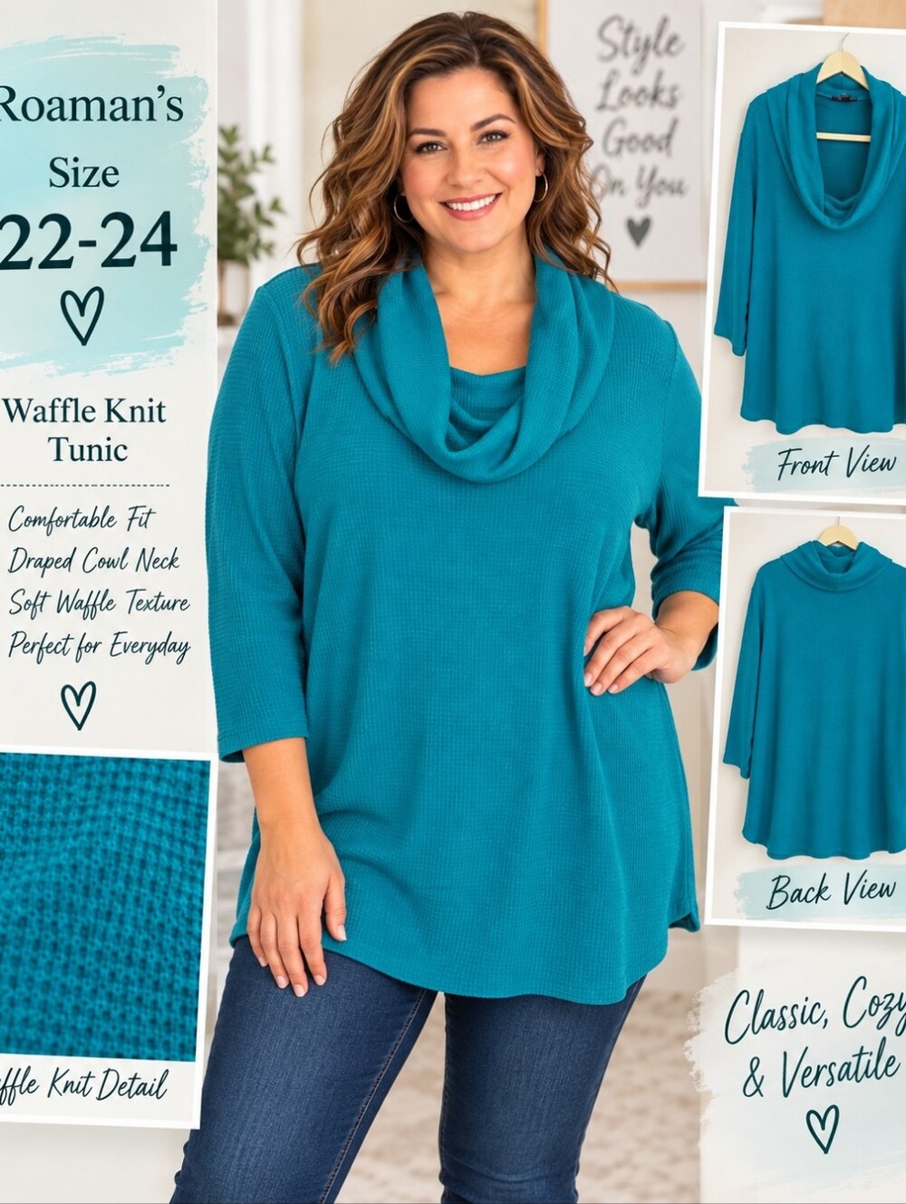 Roaman's Waffle Knit Cowl-neck Tunic